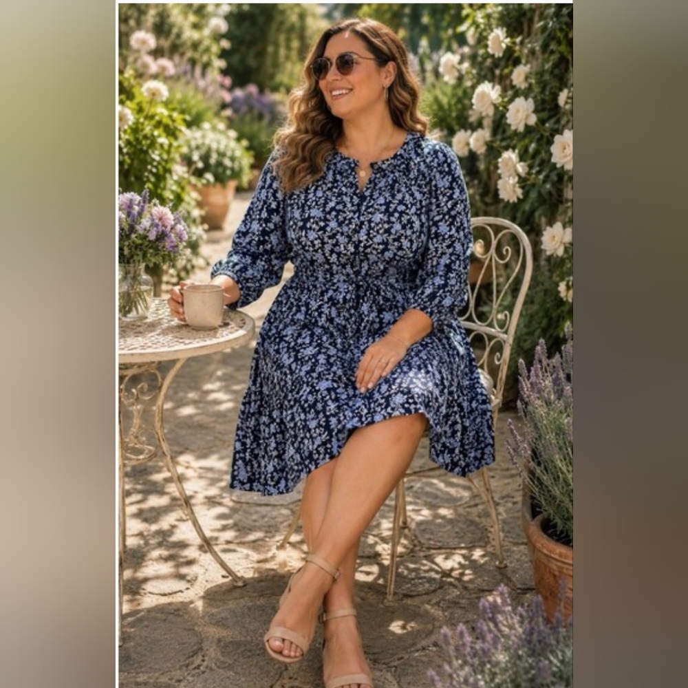 2x Tiered Dress Floral Travel Vacation Boho Casual Summer Cotton Navy Peasant